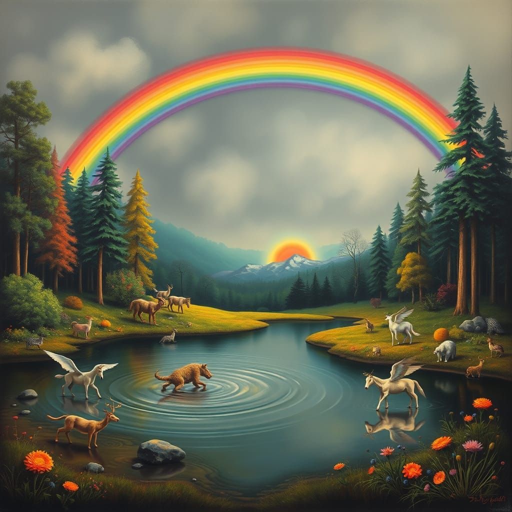 Surrealism Landscape with Rainbow and Fantastical Creatures
