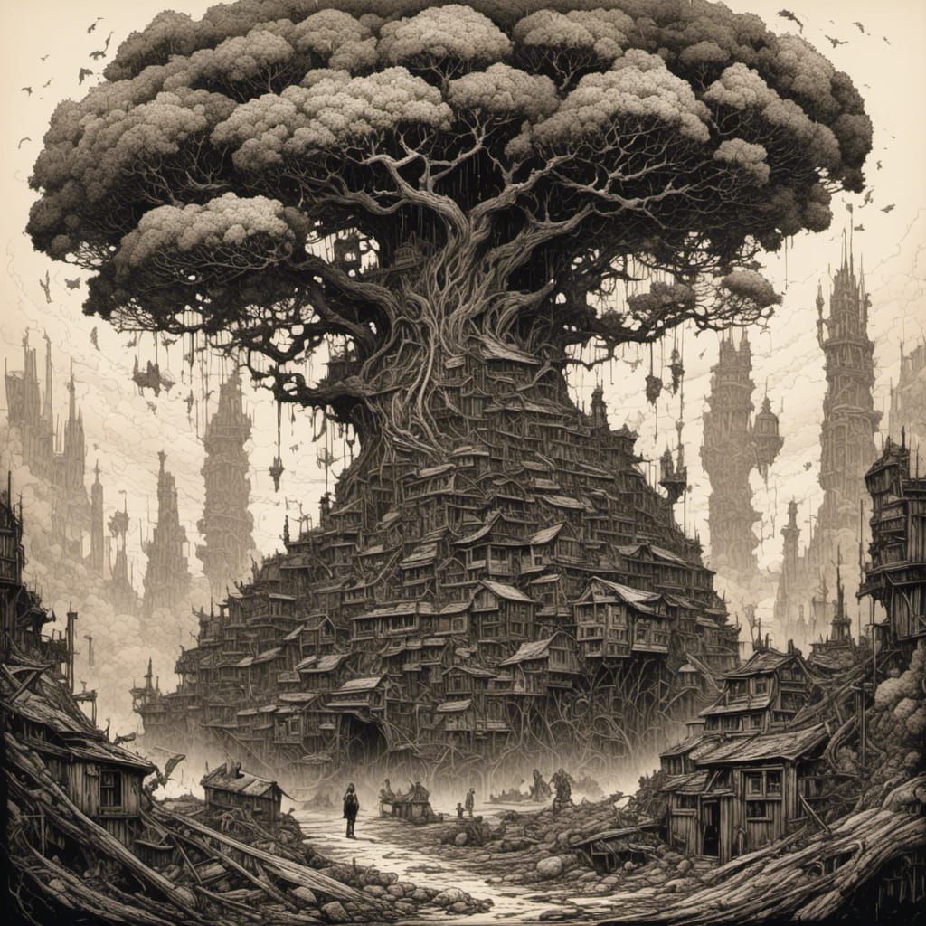 Nidhogg Climbs Yggdrasil in Dark Fantasy Linocut