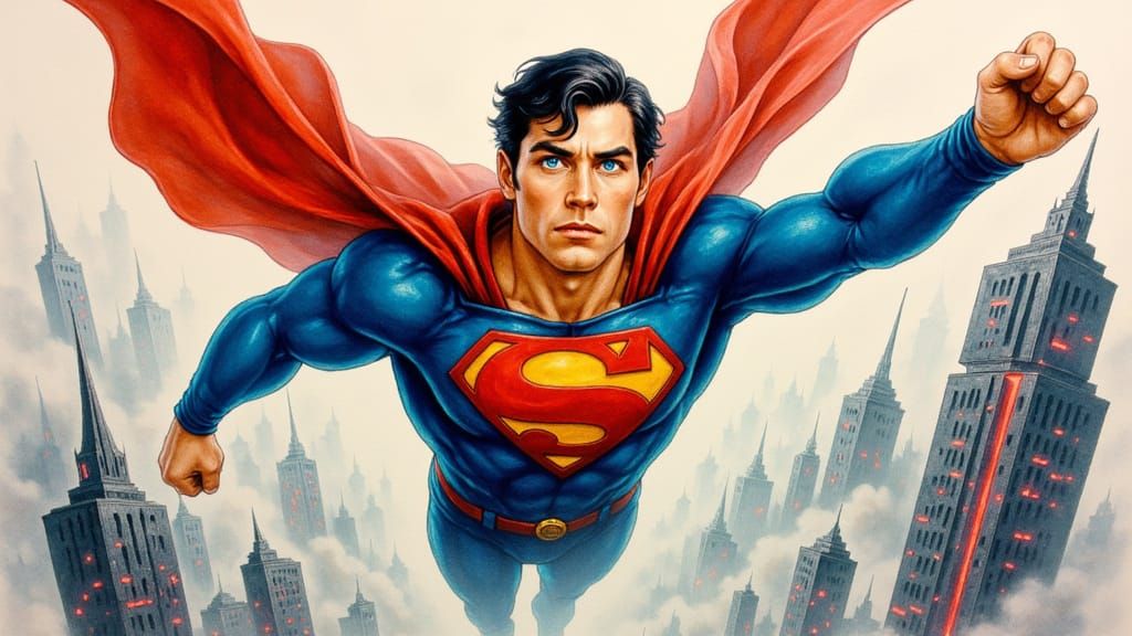 Superman Soaring Over Metropolis in Watercolor Comic Style