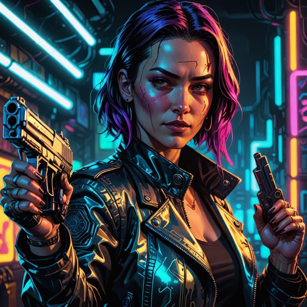 Cyberpunk Woman with Sci-Fi Pistol in Comic Book Style