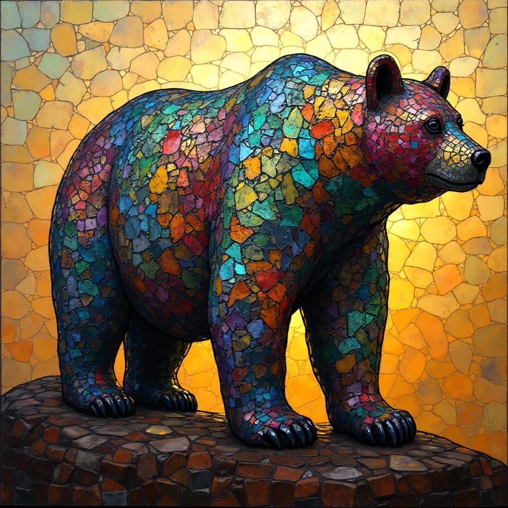 Vibrant Abstract Mosaic Bear in Emerald, Sapphire, and Amber