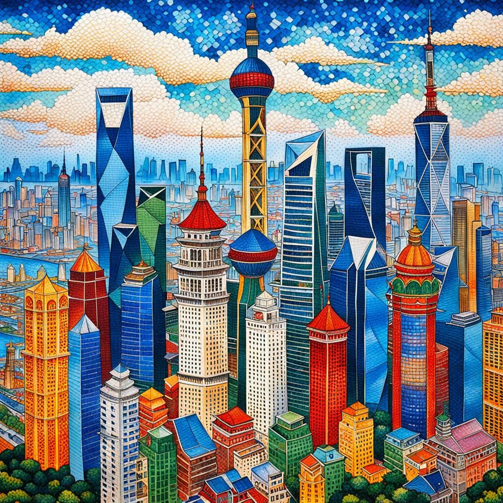 Shanghai Skyline in Pointillist Cubism Style