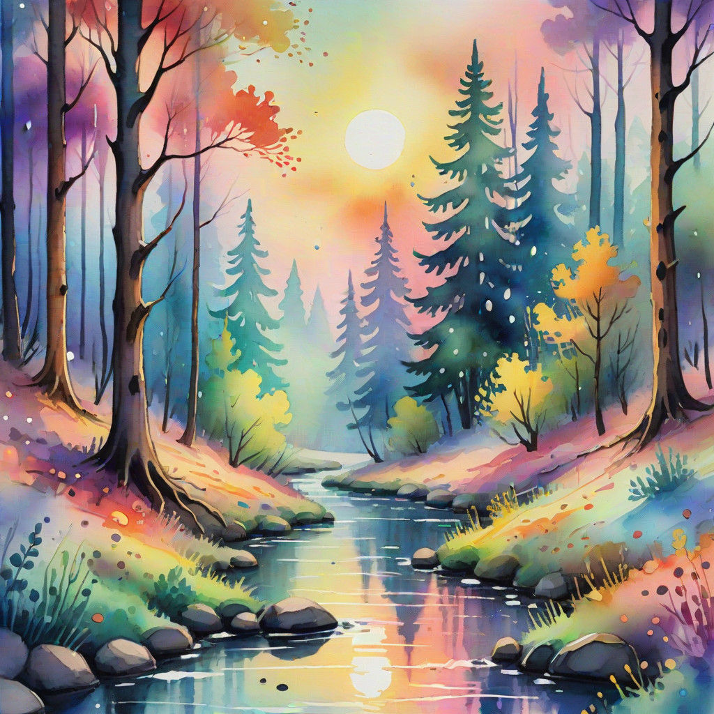 Vibrant Whimsical Sunset Forest