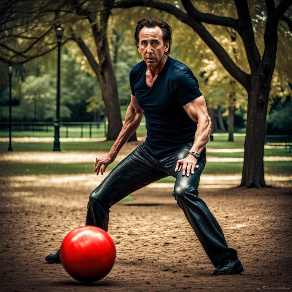 Hyperrealistic Nic Cage Playing Kickball in Haunted Park