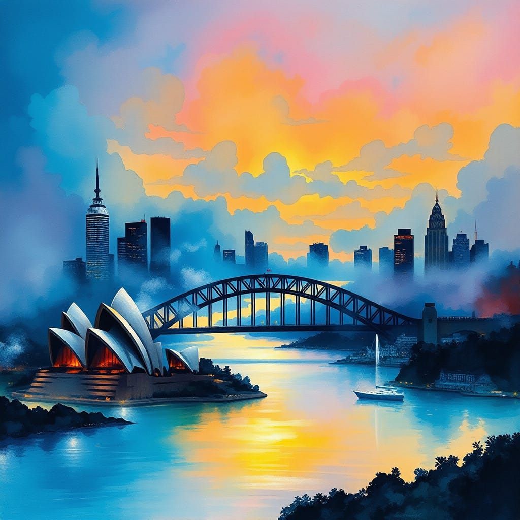 Dreamy Sydney Cityscape in Vibrant Alcohol Ink Artwork