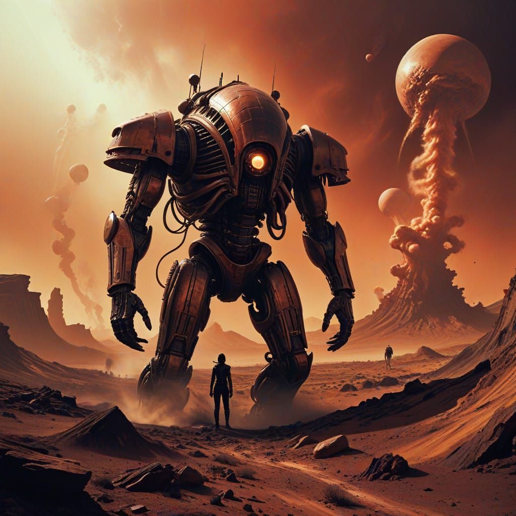 Barren Mars Landscape with Drunken Silhouettes in Rust-Red H...