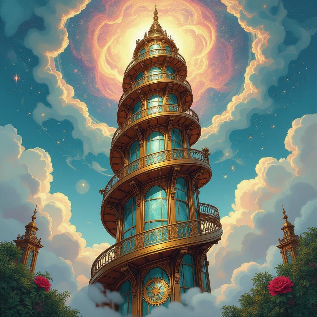 Steampunk Skyscraper Ascending: Psychedelic Art Nouveau Visi...