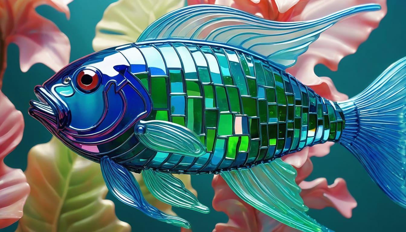 Crystal Fish in Underwater Oasis: Surreal Digital Art
