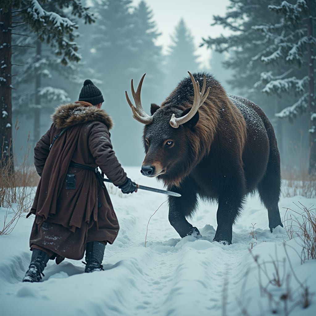 Viking Warrior Battles Bear in Snowy Forest