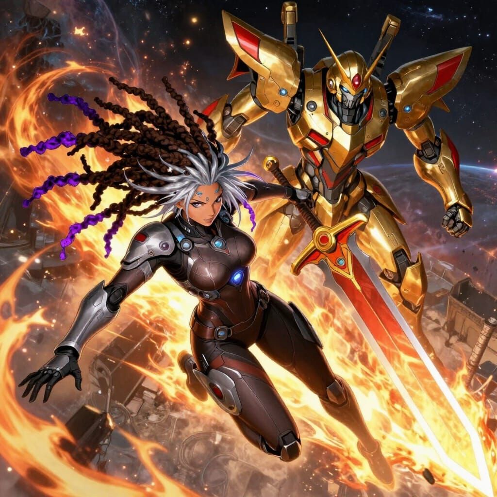 Cyberpunk Soldier vs Mecha Tyrant in Space Battle