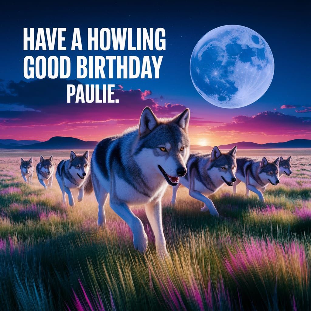 Text "Have a howling good birthday Paulie." on a prairie dur...