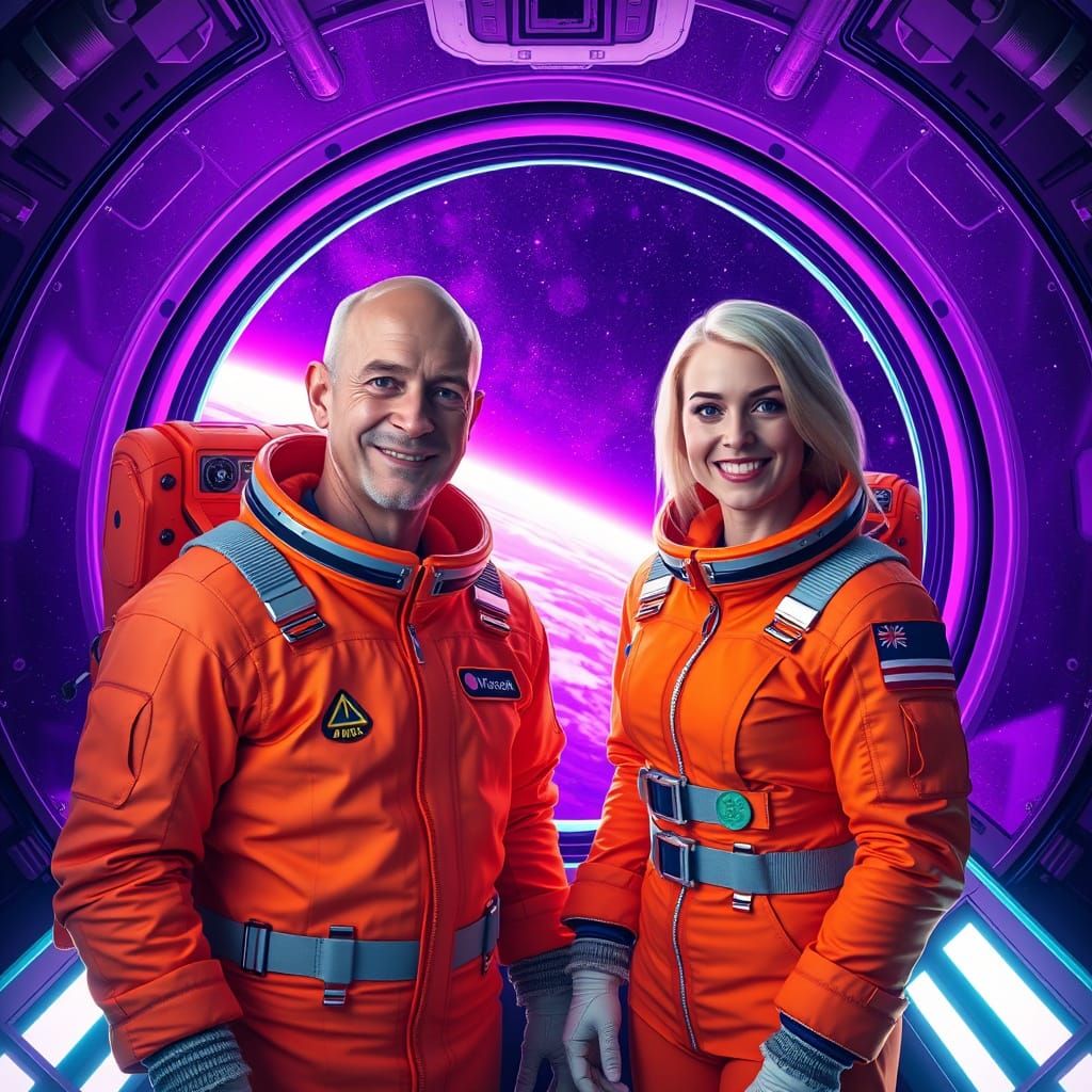 Dazzling Astronaut Duo in Bright Orange Spacesuits Amidst Vi...