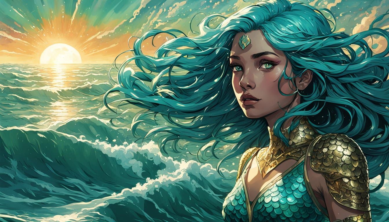 Turquoise-Haired Siren Emerges from the Sea in Comic Art