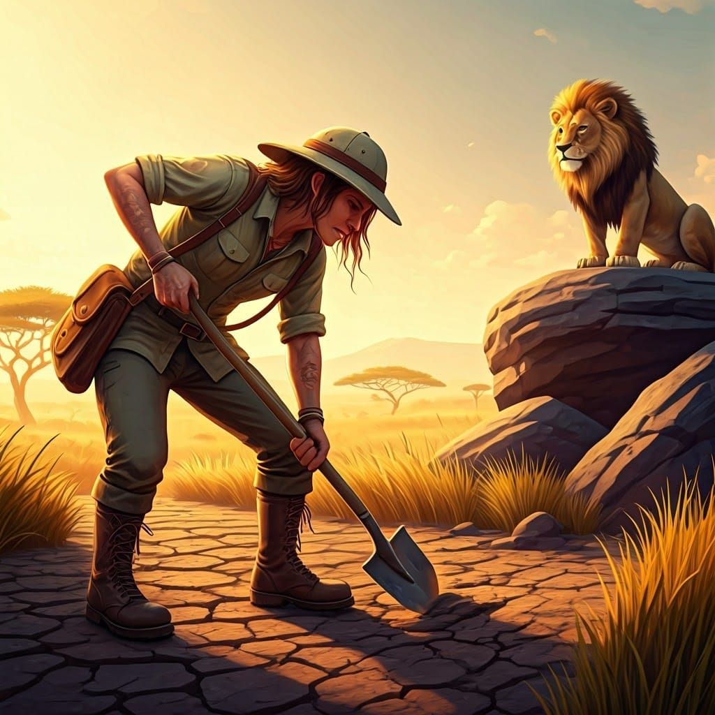 Lion Tamer Digging, Savannah Scene in Anime Style
