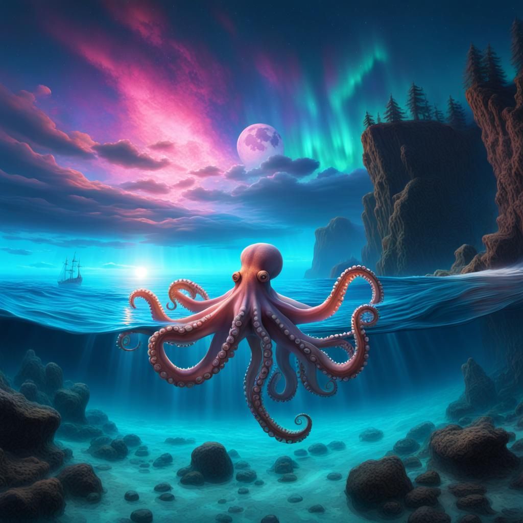 Bioluminescent Octopus Swimming Under Aurora Sky