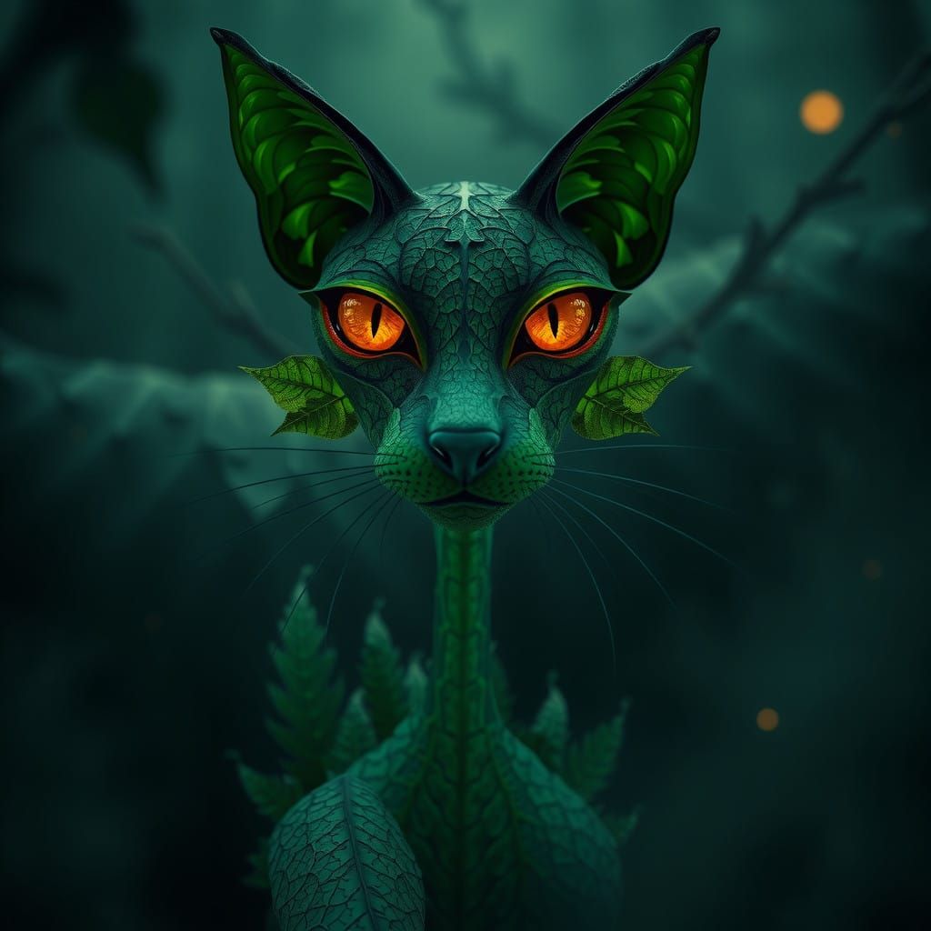 Ethereal Leaf Feline in Dark Landscape