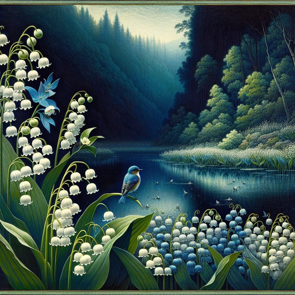 Spring Lake Landscape with Lily of the Valley in Art Deco St...