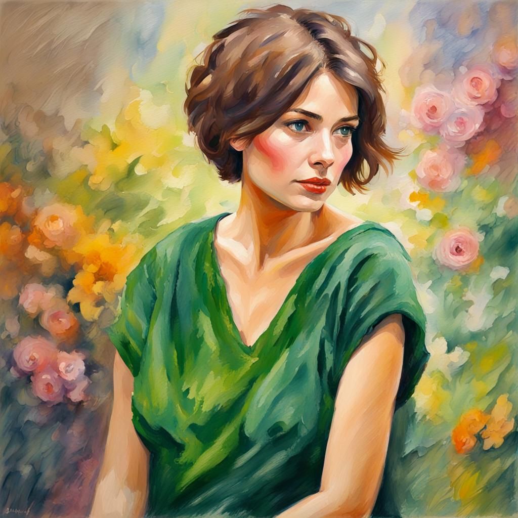 Romantic Woman Portrait in Gouache Watercolor Style
