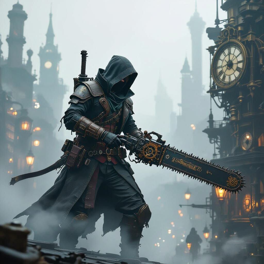 Steampunk Assassin with Chainsaw Sword in Foggy Metropolis