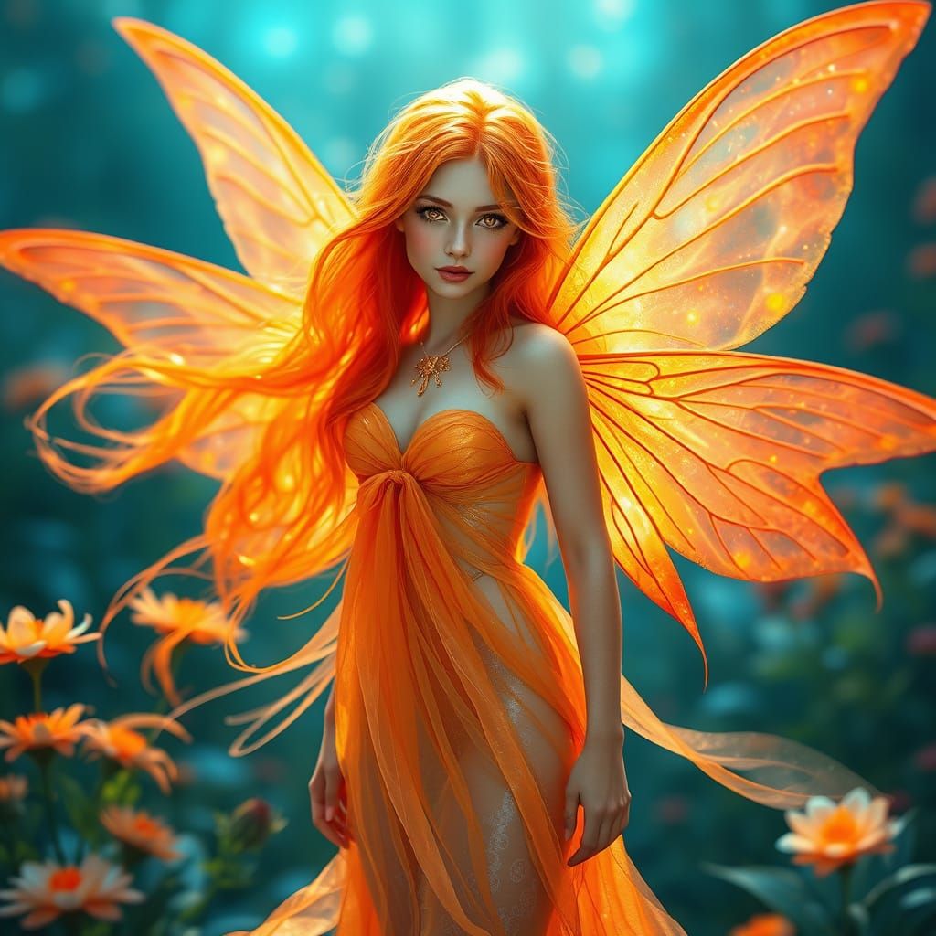 Vibrant Orange Fairy in a Dreamy, Ethereal Garden