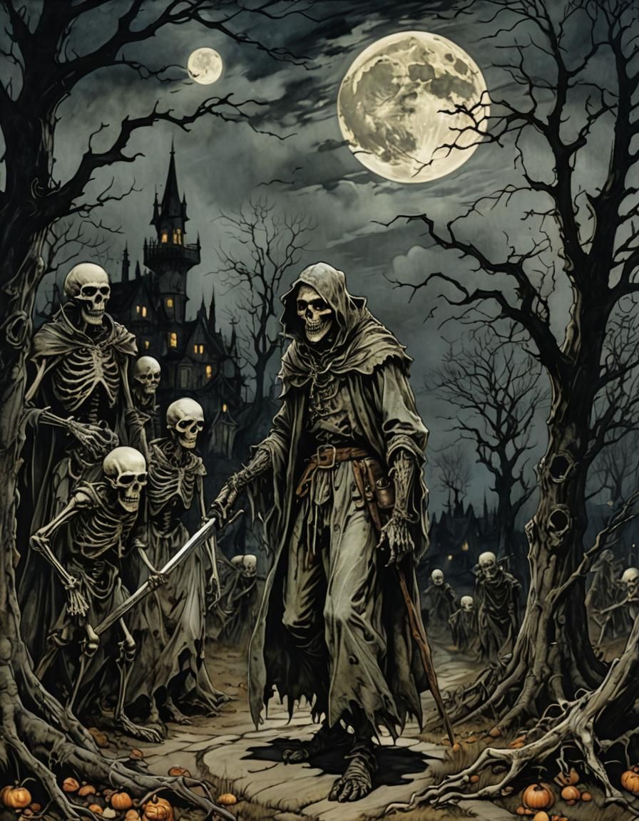 Moonlit Undead Nightmare in Arthur Rackham Style
