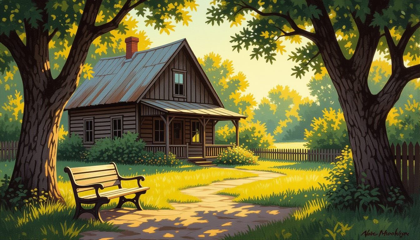 Rustic Wooden House in Morning Light with Garden