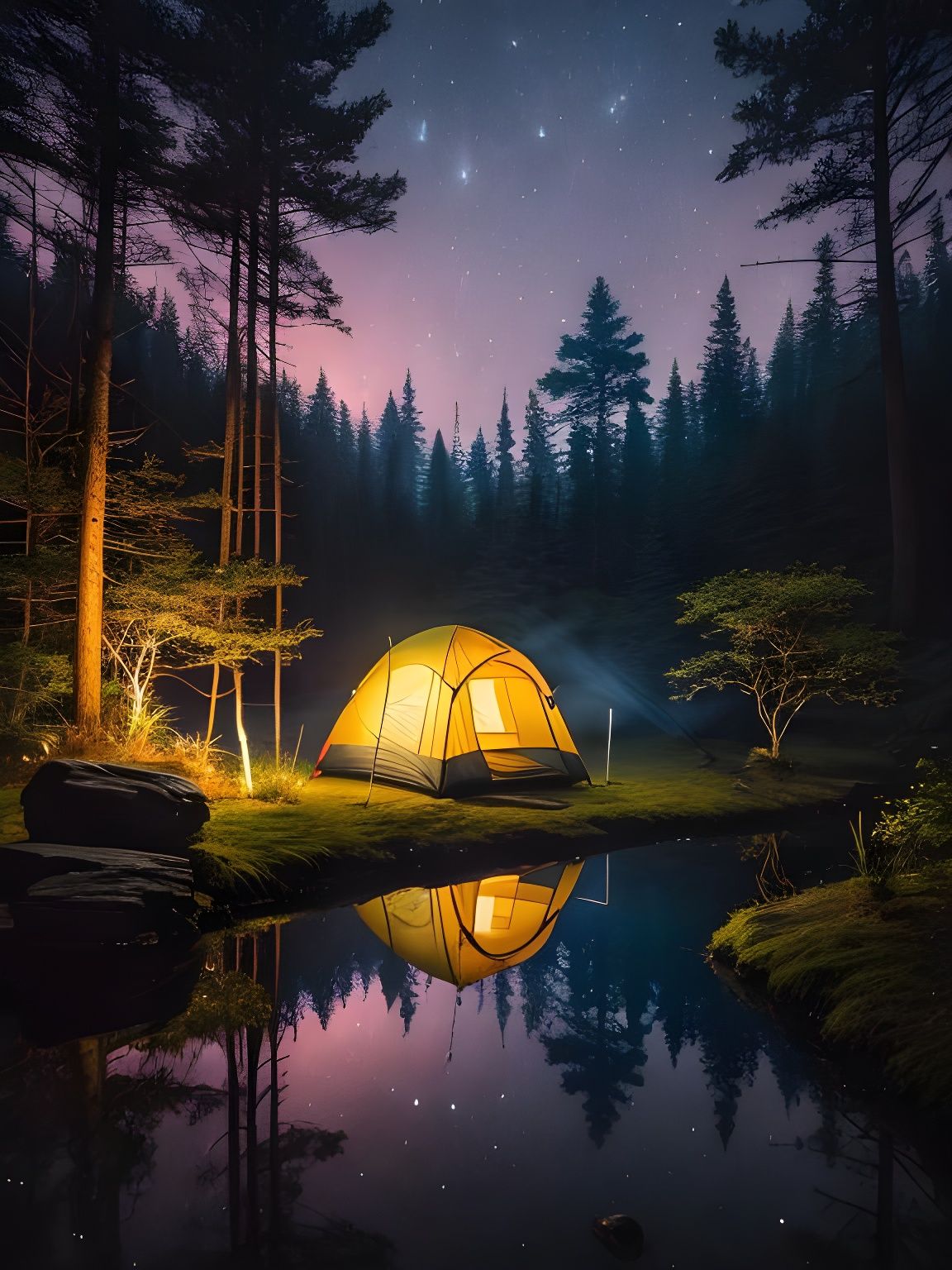 Magic Campsite with Fireflies and Waterfall, Watercolor Styl...