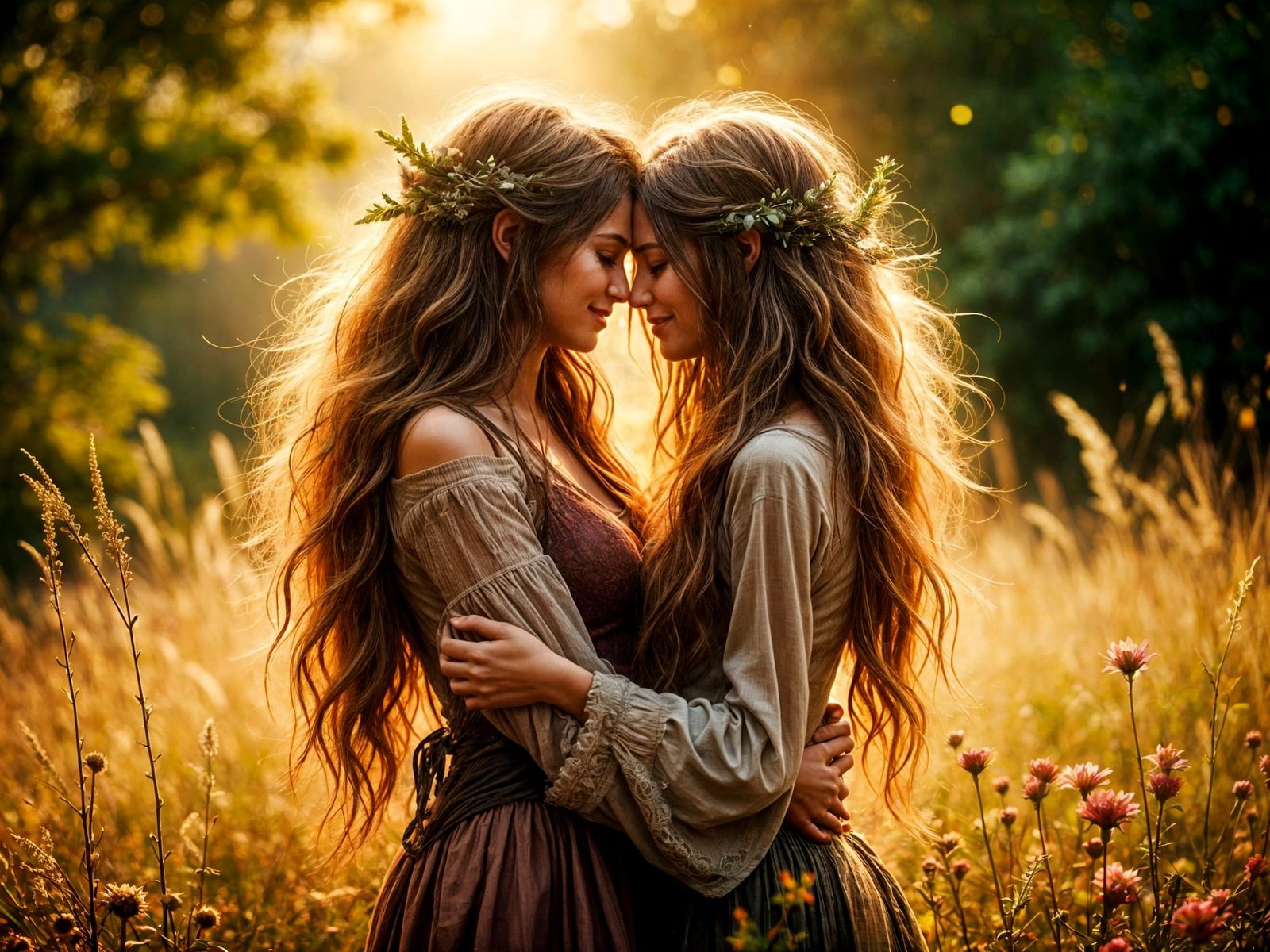 Two Elven Lovers Bask in Radiant Sunlight in a Vibrant Meado...