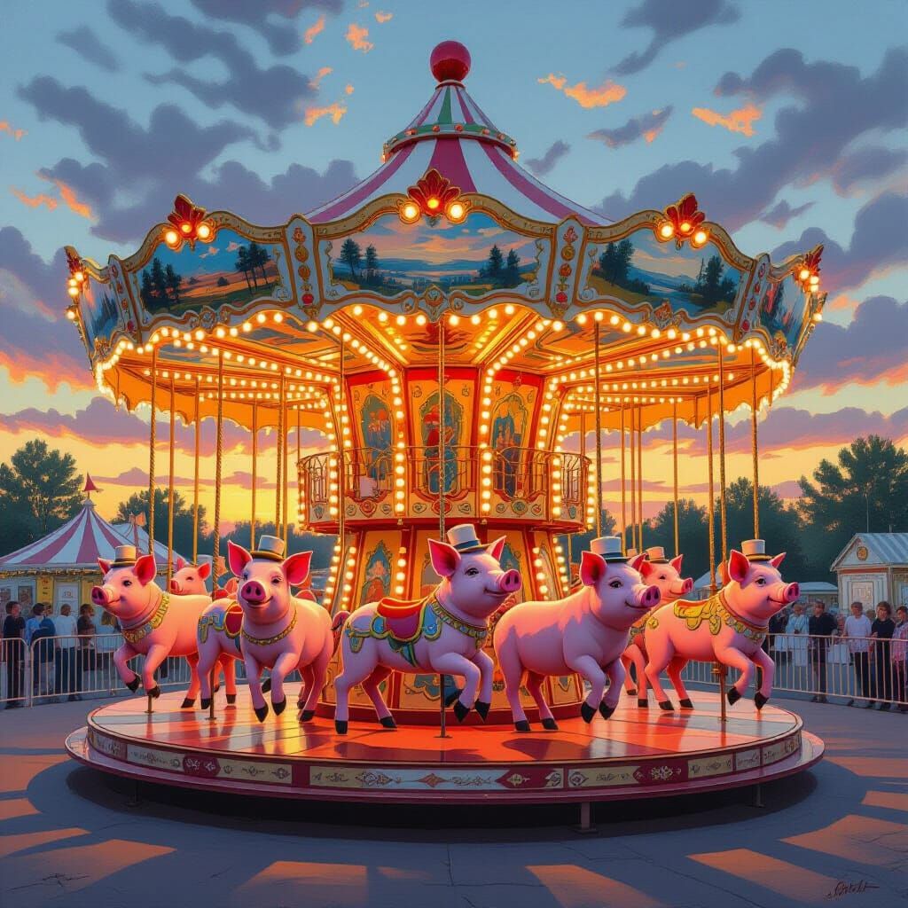 Whimsical Pig Carousel at Sunset