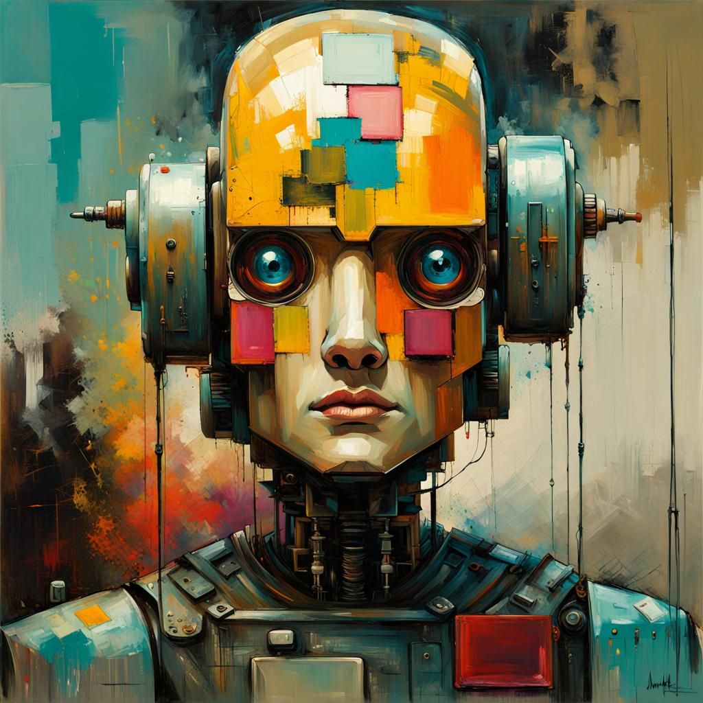 Television Head Robot in Maximalist Oil Painting Style