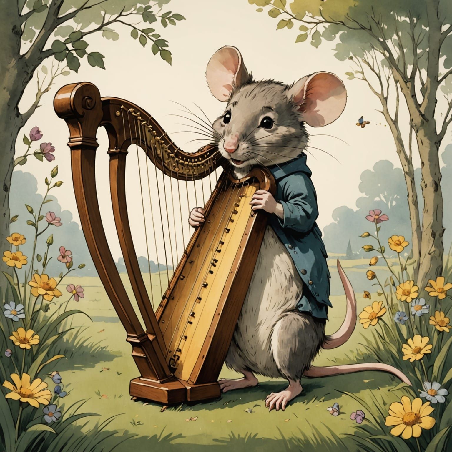 Mouse Plays Whimsical Harp in Classic Watercolor Style