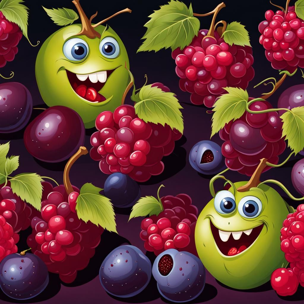 Grape Monster Caricature Chasing Fruit and Spices