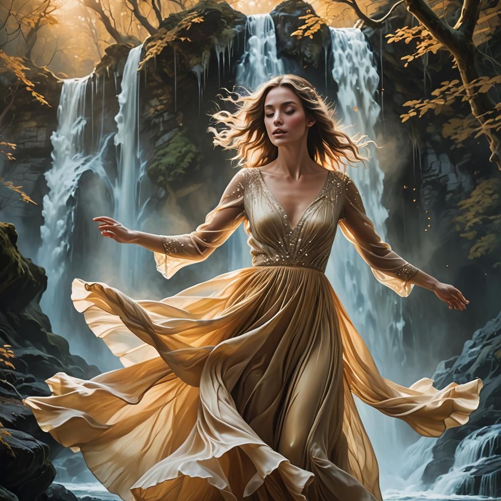 Surreal Woman Falling Before Frozen Waterfall