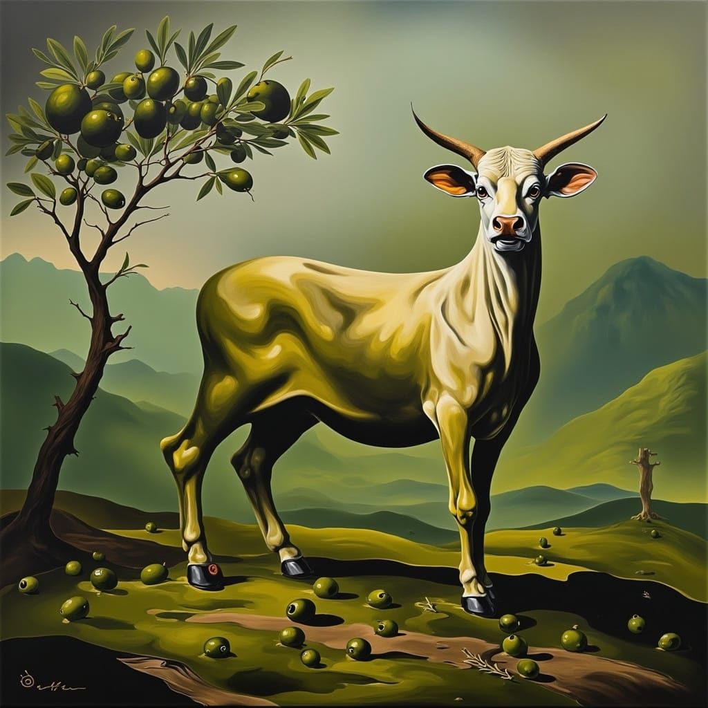 Dreamlike Highland Cow Olive Hybrid in a Surrealist Landscap...