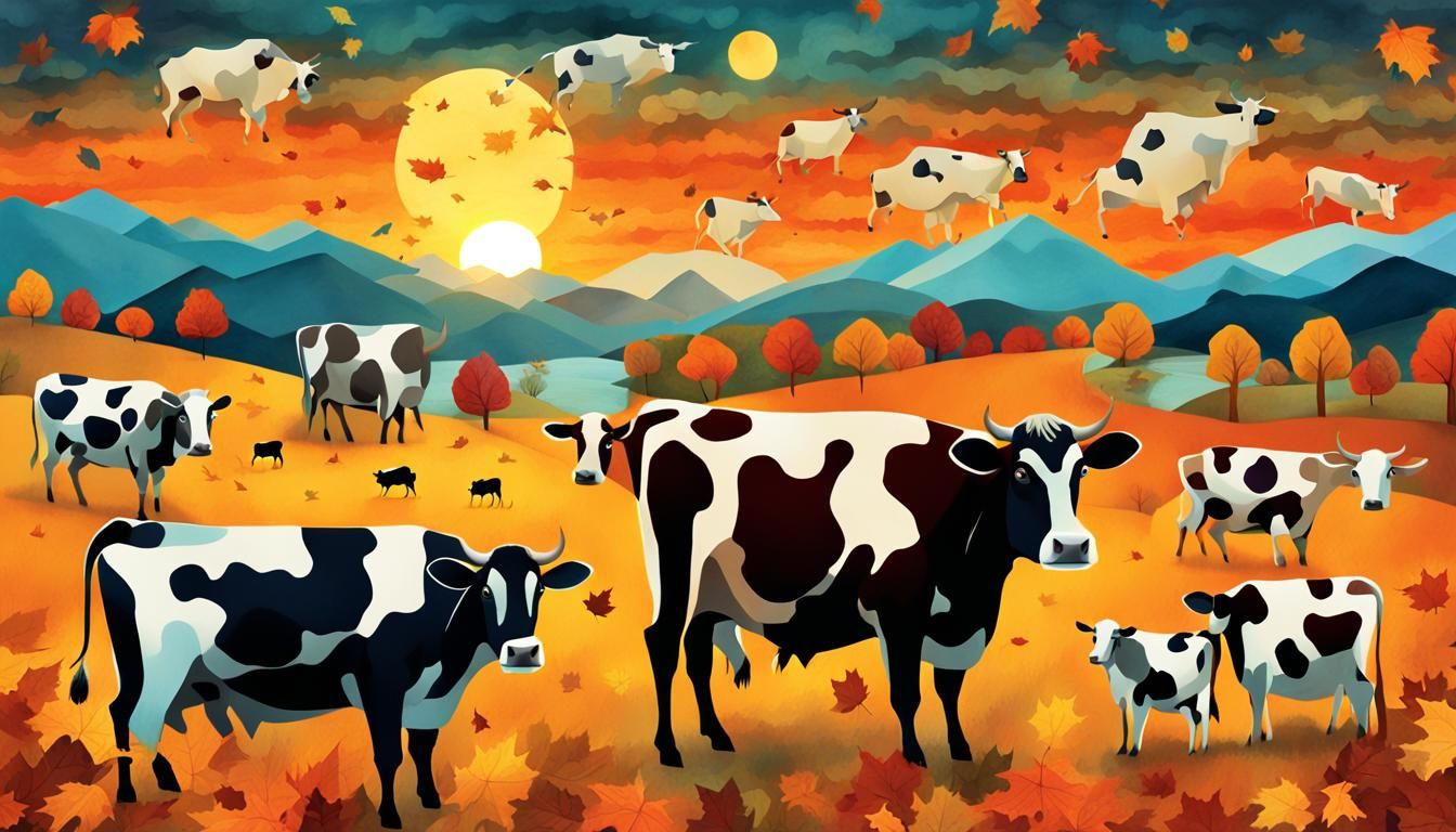 Glowing Cows in Fall Paper Collage Art