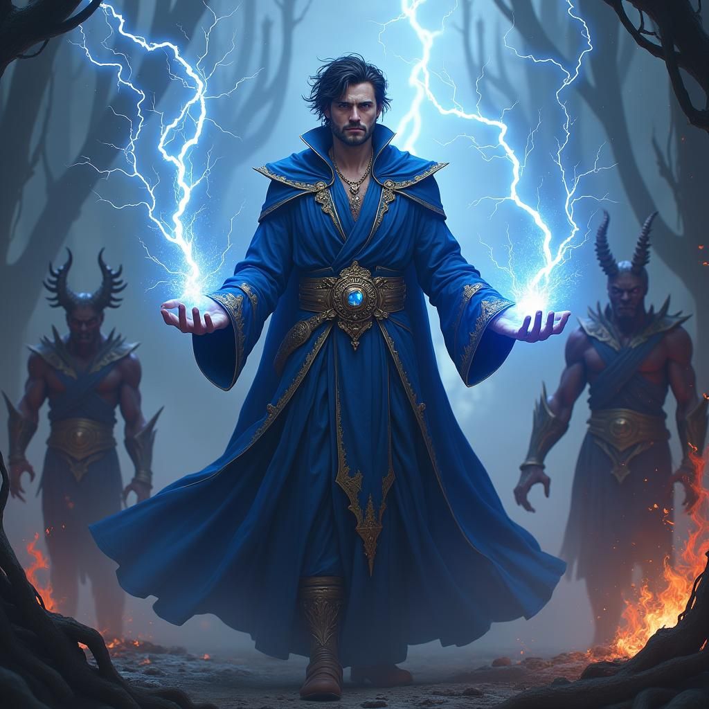 Mystical Mage Conjuring Lightning in a Fantasy Realm