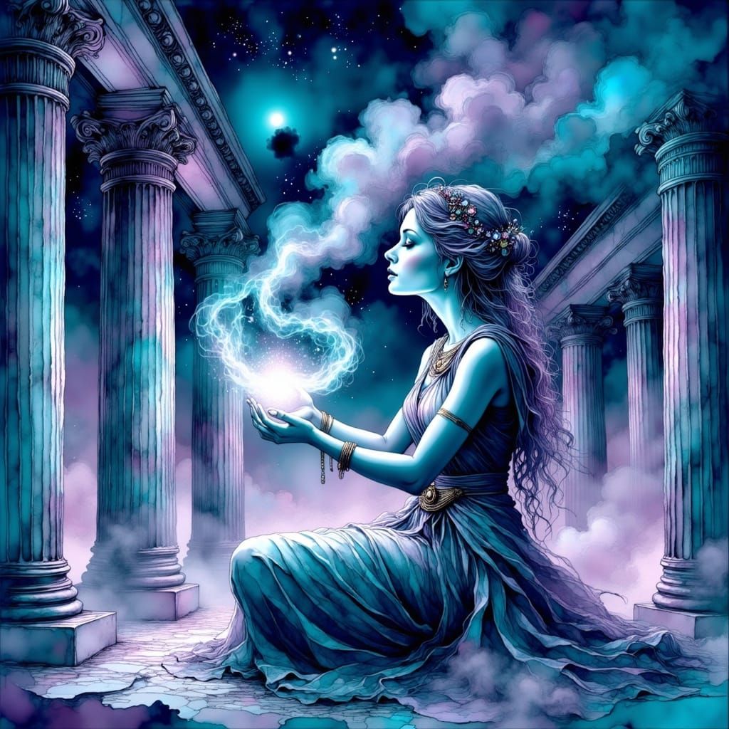 Floating Greek Oracle in Turquoise and Purple Ink
