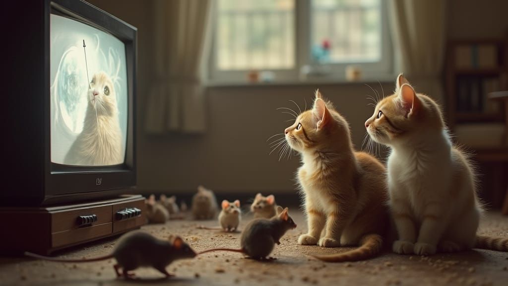 Cats Watch Mice on TV as Rodents Scamper Behind