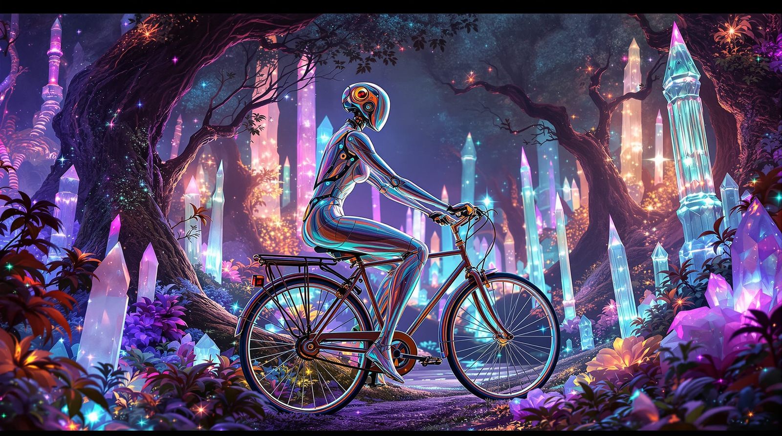 Psychedelic Robot Rides Bicycle in Crystal Forest