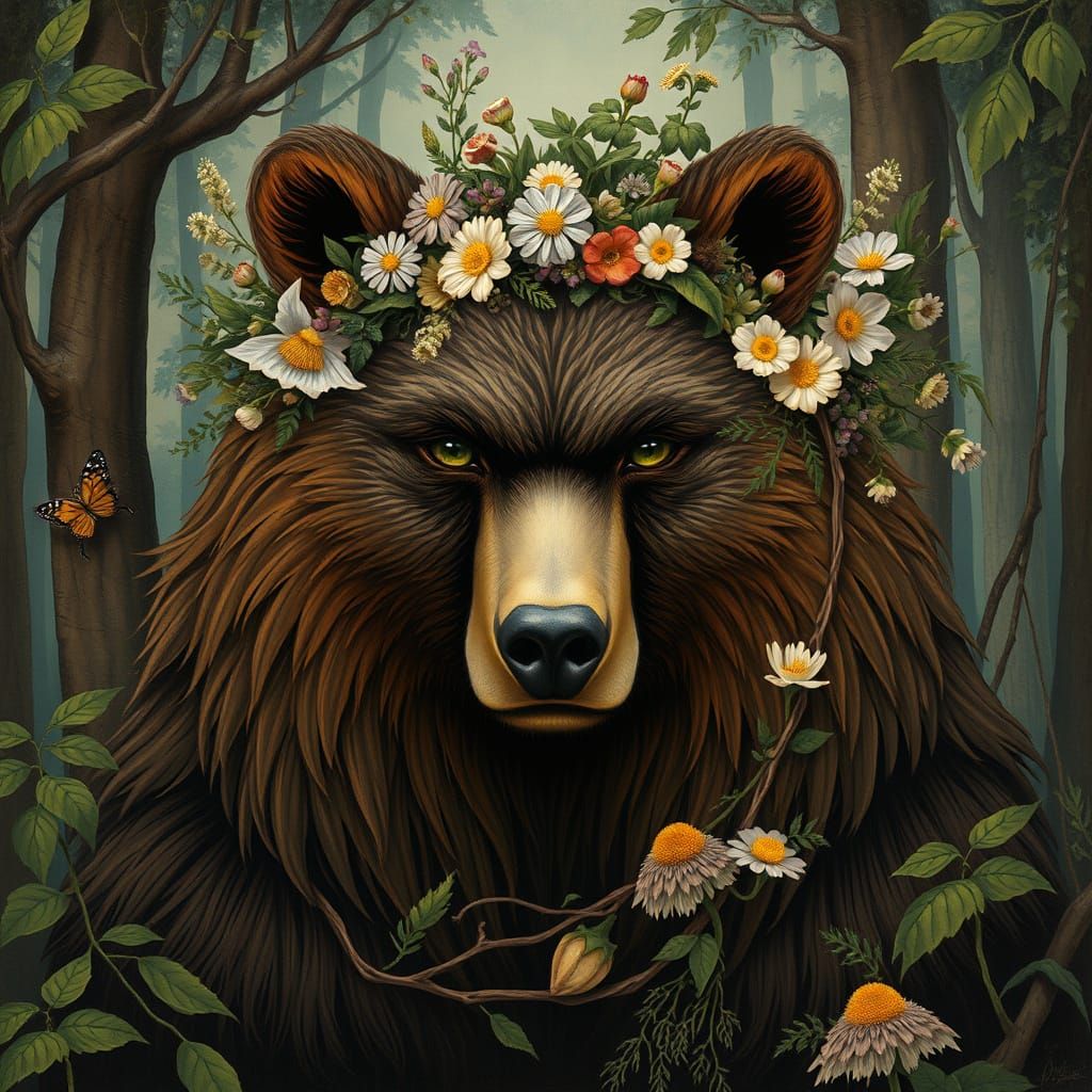 Ethereal Bear Goddess Amidst Lush Forest