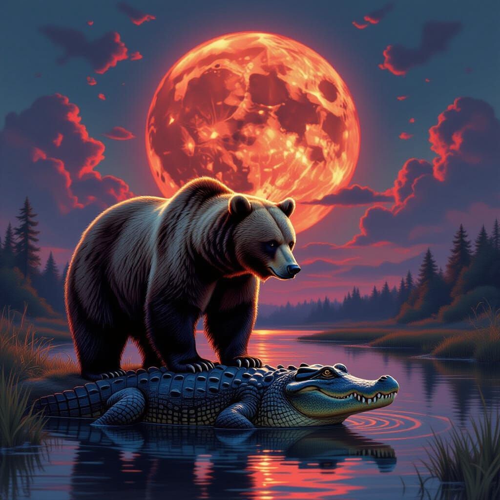 Grizzly Bear Over Alligator in Fantasy Landscape