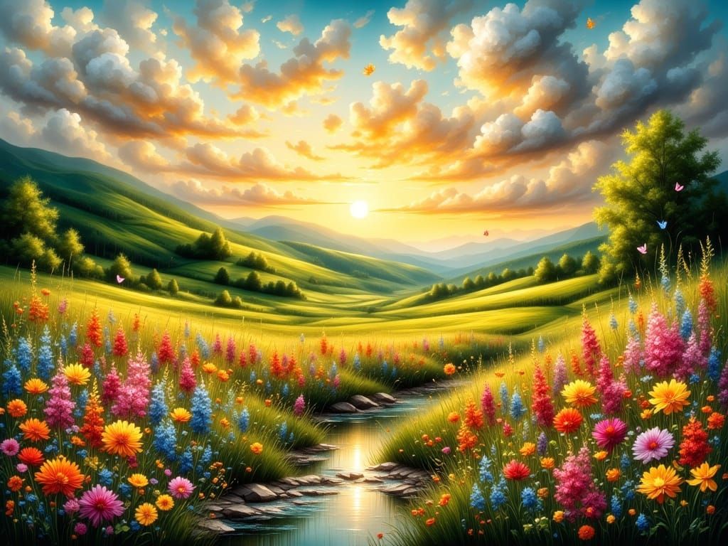 Ethereal Golden Hour Meadow in Fantasy Style