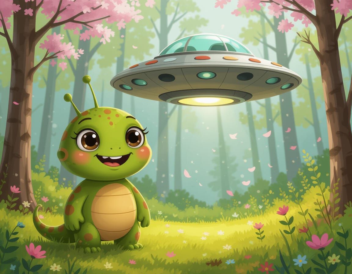 Smiling Martian Lands Spaceship in Spring Forest
