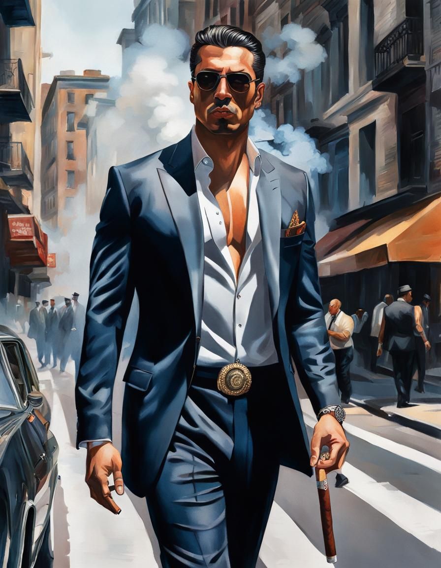 Young Mafia Don in Hyperreal Cityscape