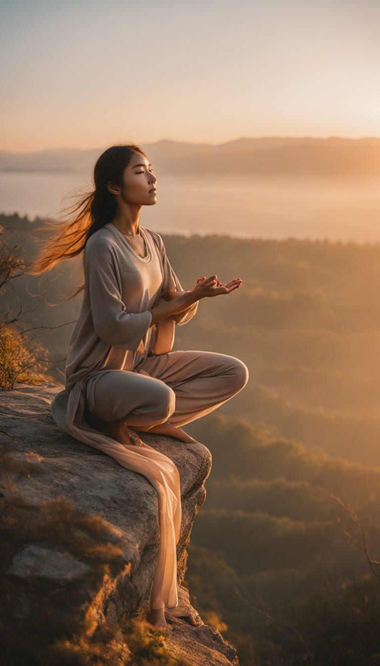 Serene Japanese Woman in Yoga Pose on Cliff at Sunrise
