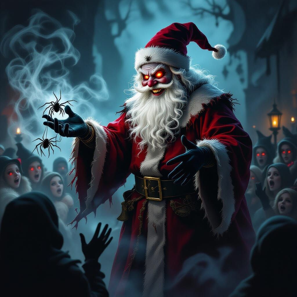 Sinister Santa Claus with Glowing Eyes and Spiders