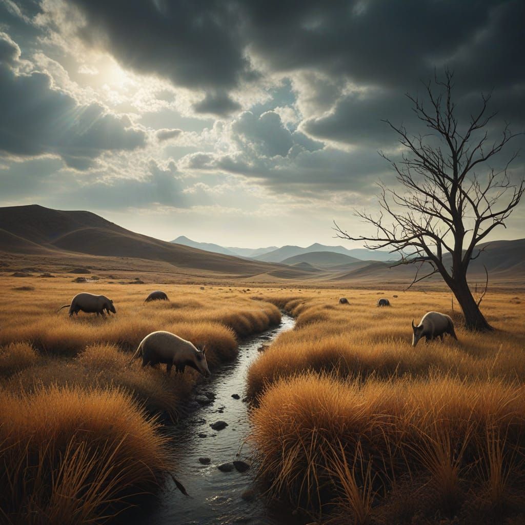 Surreal Anteaters in Amber Grass Landscape