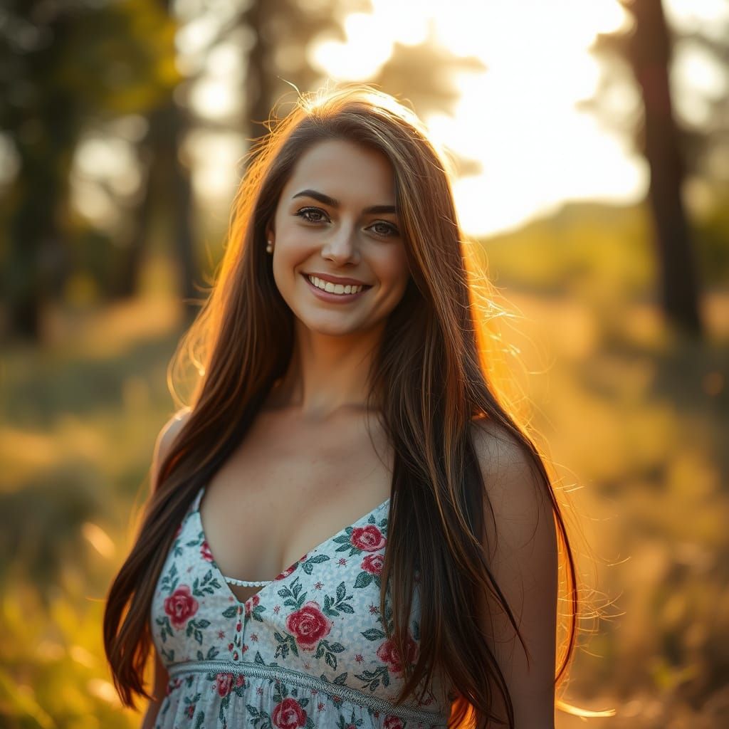 Radiant Woman in Summer Dress, Hyperrealistic Portrait