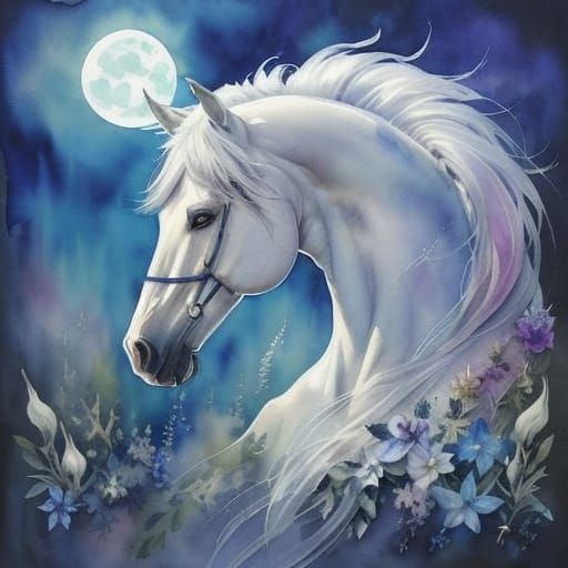 Ethereal Watercolor Horse in Moonlit Splendor