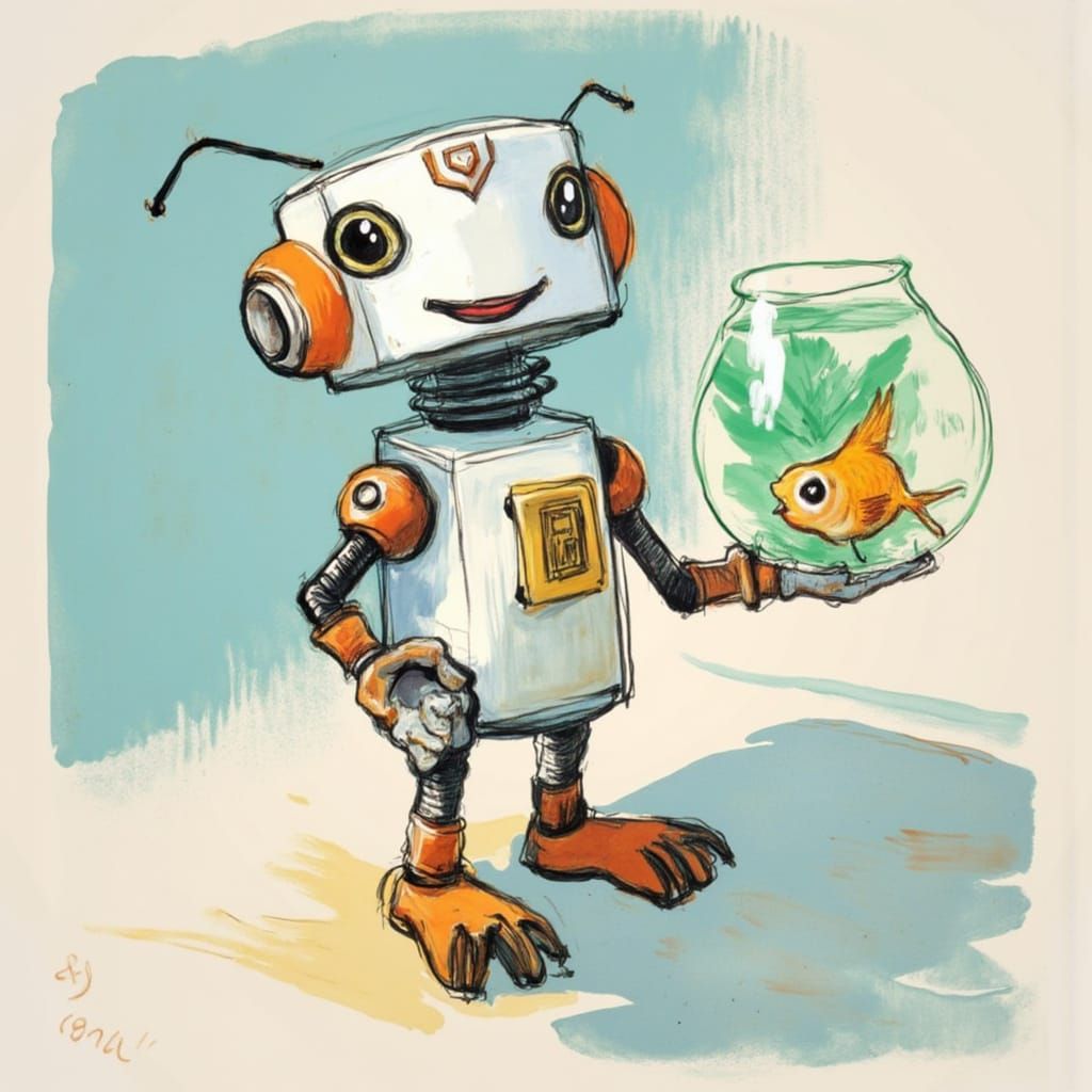 Robot with Fishbowl in Toulouse-Lautrec Style